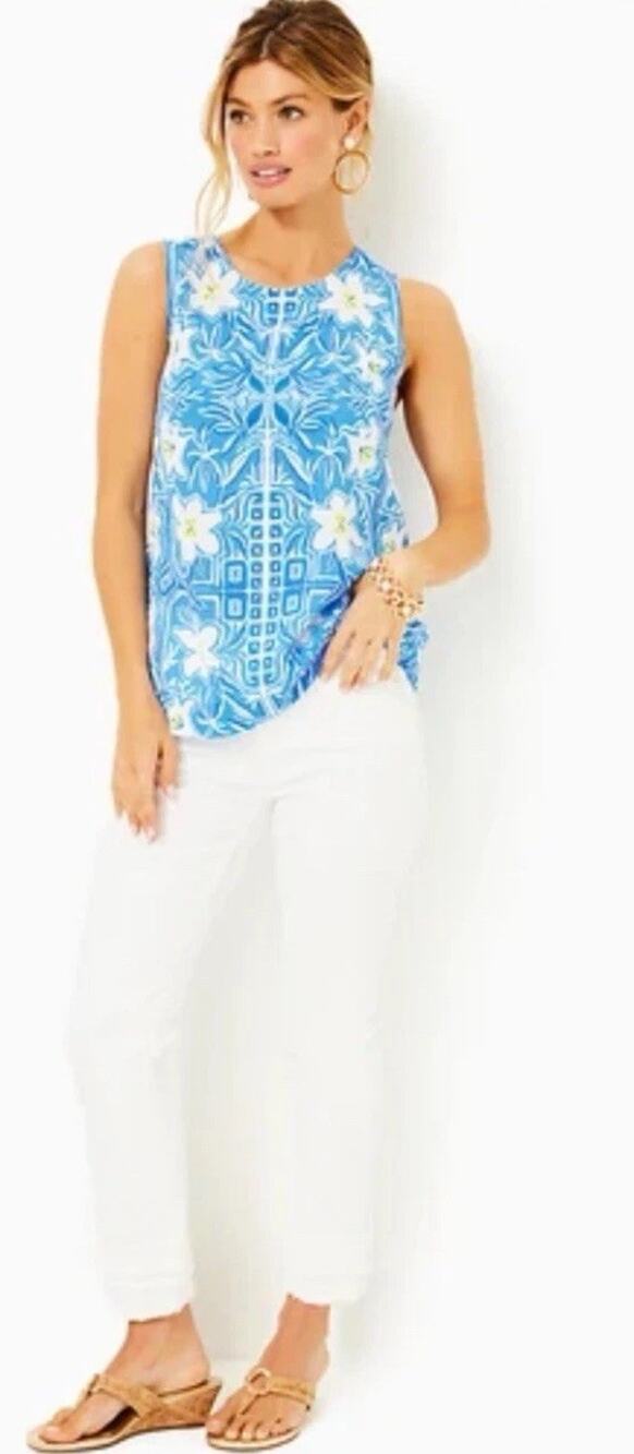 Lilly Pulitzer Iona Sleeveless Top Lunar Blue My Flutter Woven Size Medium EUC